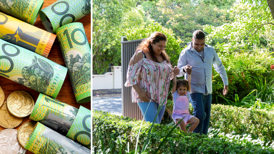 A composite image of Australian money in the form of $50 and $100 noes rolled up and a mother and father holding their child's hand to represent child care cost savings.