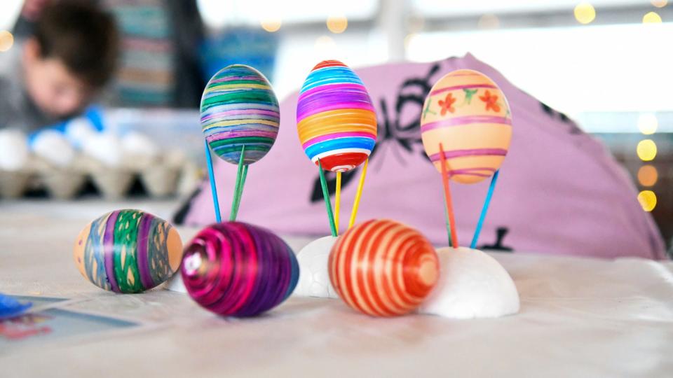 Example eggs are displayed during Egg-Stravaganza at the Walk in Art Center in Schuylkill Haven, Pa., on Saturday, April 9, 2022.