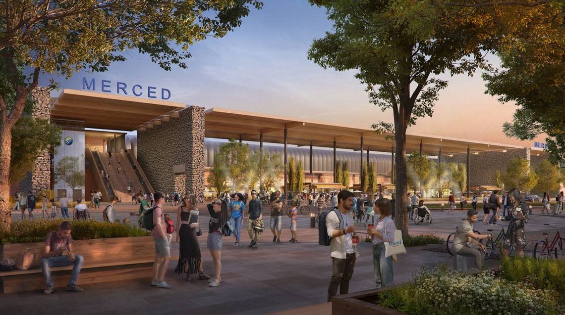 An artist’s rendering shows the entry plaza for a future high-speed rail passenger station in downtown Merced. The station is also expected to serve the Amtrak San Joaquin trains as well as a future extension of Stockton’s ACE Rail commuter train service.