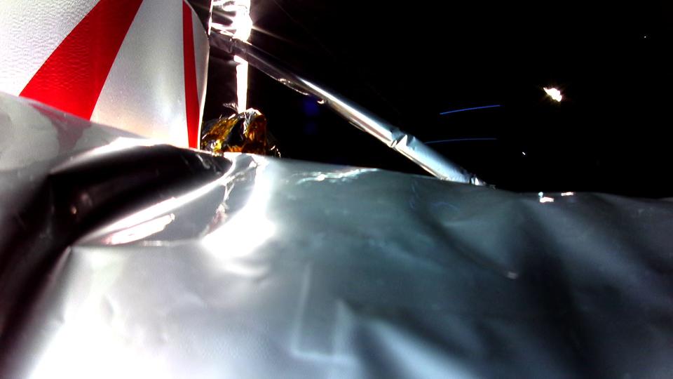 Photo of dented Multilayer Insulation on board the Hawk mission.