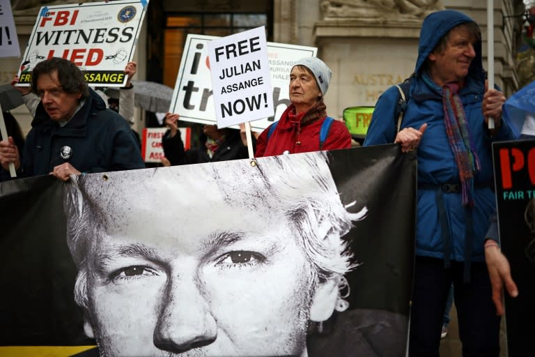 Supporters of WikiLeaks founder Julian Assange protest outside the Australian High Commission in central London in April 2024 (HENRY NICHOLLS)