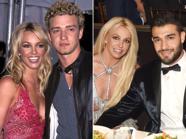 <p>Ron Galella, Ltd./Ron Galella Collection via Getty ; J. Merritt/Getty</p> Britney Spears and Justin Timberlake in 2002; Britney Spears and Sam Asghari in 2019.