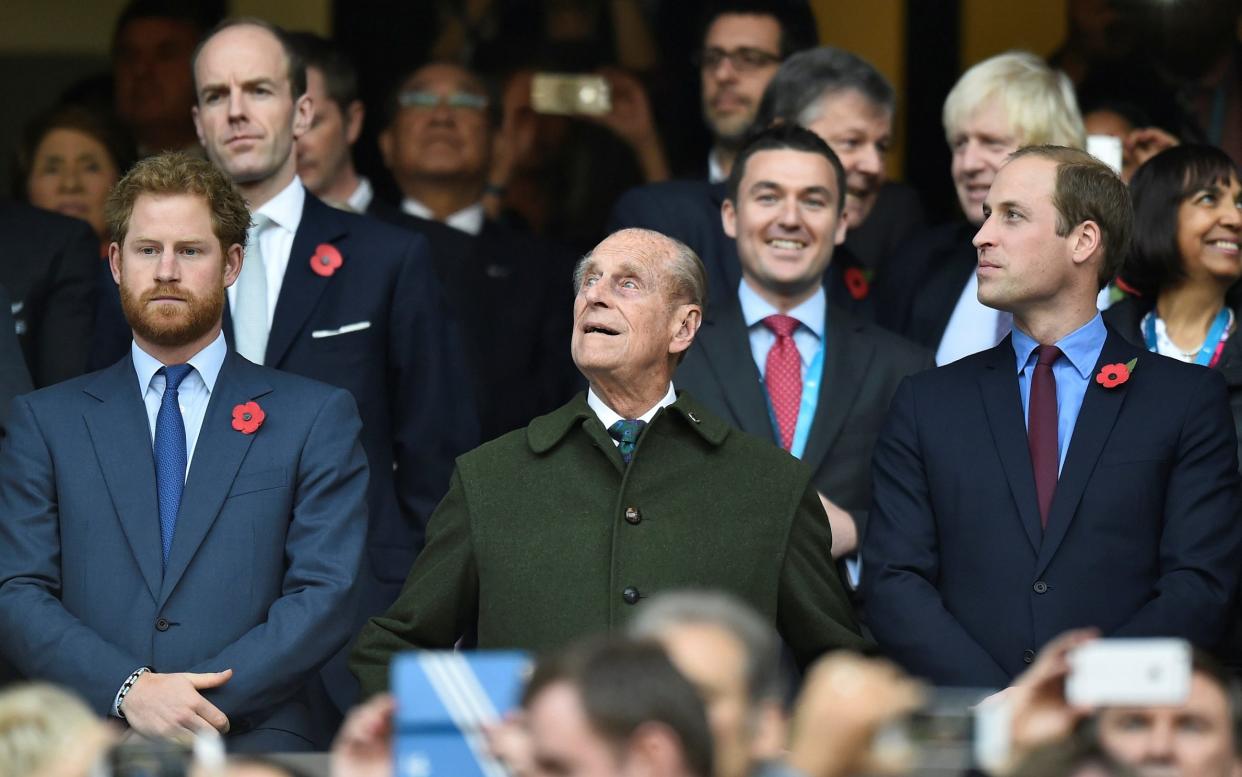 Prince Harry, Prince Philip and Prince William, pictured together at the 2015 Rugby World Cup final at Twickenham - Toby Melville/Reuters