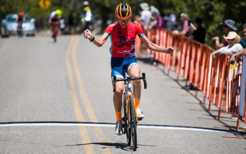 Austin Killips crosses the line to seal the overall win in the women’s Tour of the Gila - Transgender cyclist Austin Killips wins women's Tour of the Gila – next stop Olympics? - Tour of the Gila