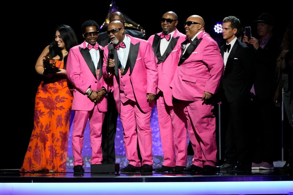 Blind Boys of Alabama accept the award for Best Roots Gospel Album during the 66th annual Grammy Awards Premiere Ceremony at the Peacock Theater in Los Angeles on Sunday, Feb. 4, 2024. Memphis producer and engineer Matt Ross-Spang co-produced the album, "Echoes of the South."