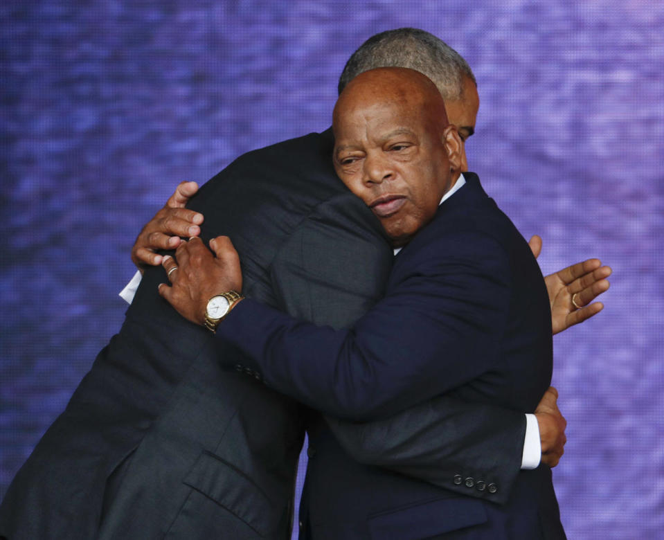 <p>Rep. John Lewis, D-Ga., right, and President Barack Obama embrace at the dedication ceremony for the Smithsonian Museum of African American History and Culture on the National Mall in Washington, Saturday, Sept. 24, 2016. (AP Photo/Pablo Martinez Monsivais)</p>