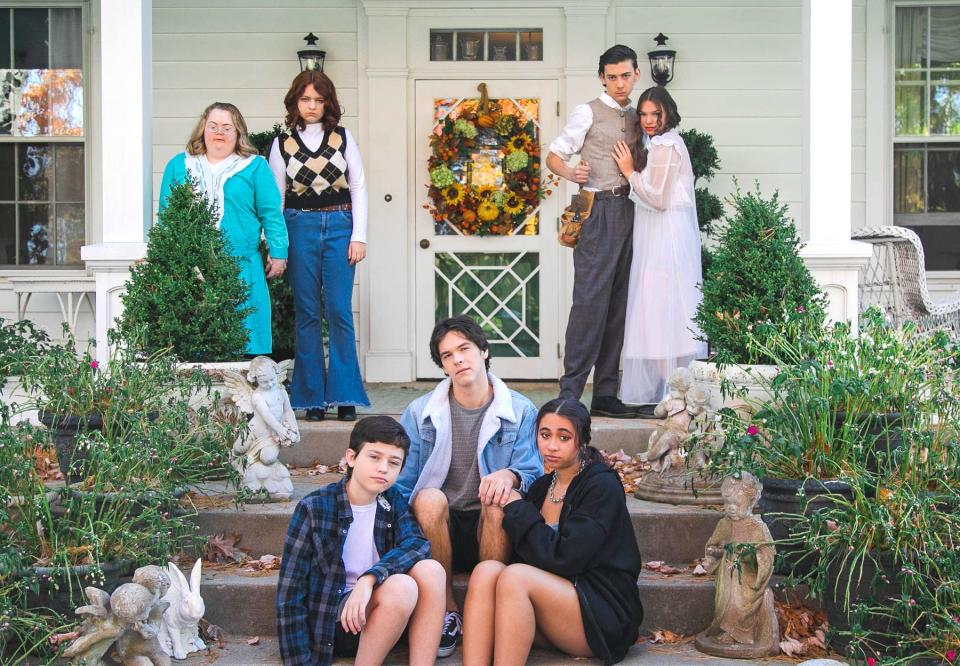 The cast of “The Whisper House” : Anderson High School sophomore Violette Skavlem as Margaret, junior Grace Callahan as Penny, junior Chad Bowling as the Gardener, junior Swantje Grossmann as the Daughter, freshman Finn Connolly as Freddy, senior Nicholas Lamkin as Michael, and junior Chrisanthi Burch as Rose.