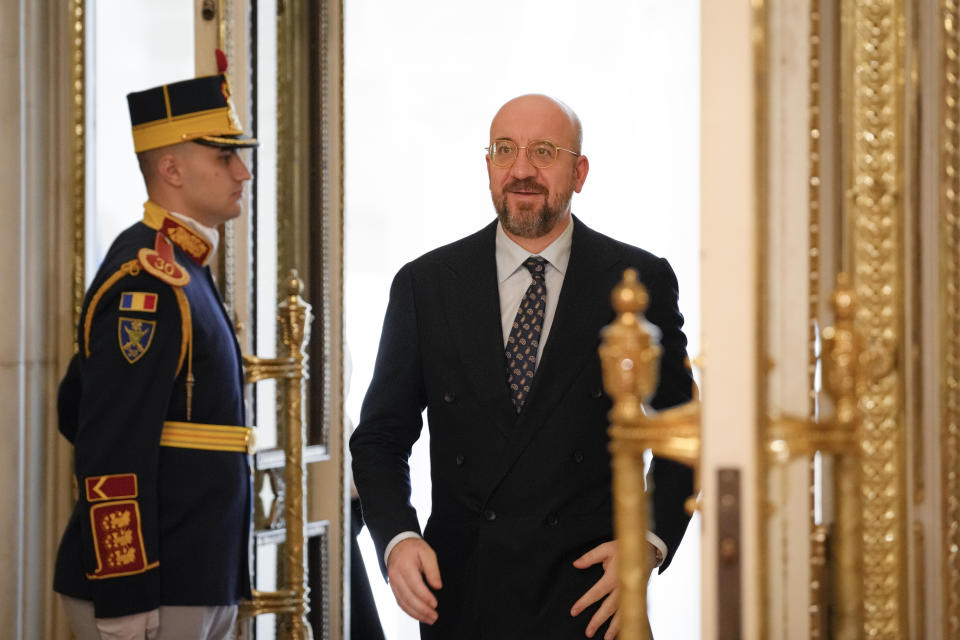 European Council President Charles Michel arrives for a meeting with Romanian President Klaus Iohannis at the Cotroceni Presidential Palace in Bucharest, Romania, Monday, March 27, 2023. (AP Photo/Andreea Alexandru)