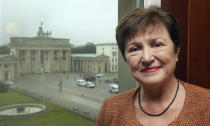 Kristalina Georgieva, Managing Director of the International Monetary Fund (IMF), poses for a photo after an interview with The Associated Press in Berlin, Germany, Tuesday, Nov. 29, 2022. In the background is Berlin's famous landmark 'Brandenburg Gate'. (AP Photo/Michael Sohn)