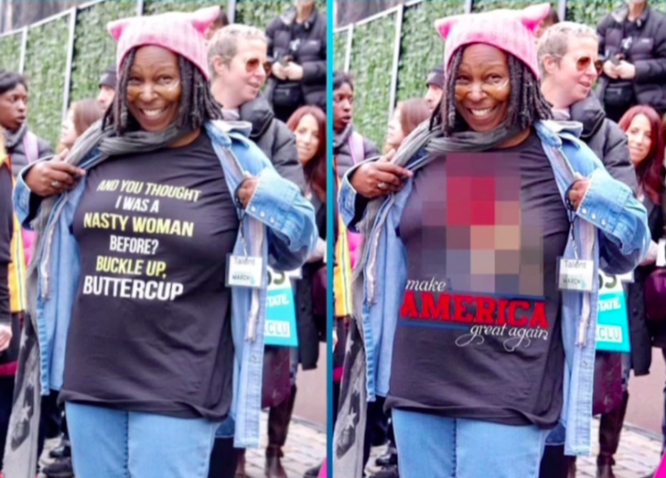 Actual image of Whoopi Goldberg at Women’s March, left, next to Photoshopped image. (Photo: ABC)