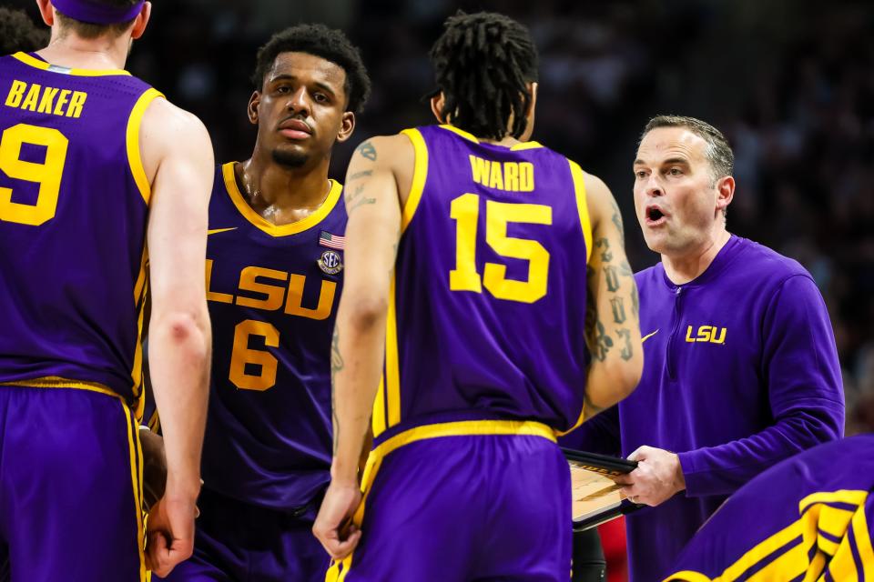 Feb 17, 2024; Columbia, South Carolina, USA; LSU Tigers head coach Matt McMahon directs his team against the South Carolina Gamecocks in the second half at Colonial Life Arena. Mandatory Credit: Jeff Blake-USA TODAY Sports