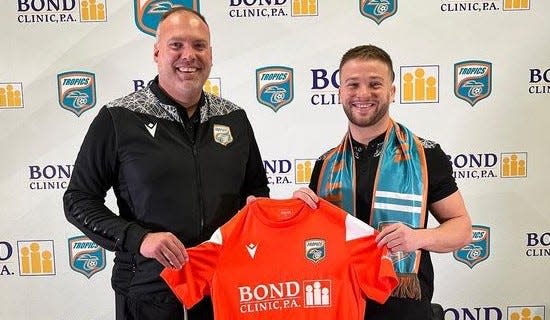 The Florida Tropics drafted Southeastern University's Skylar Funk, right, on Tuesday. Standing next to Funk is Tropics head coach Clay Roberts.