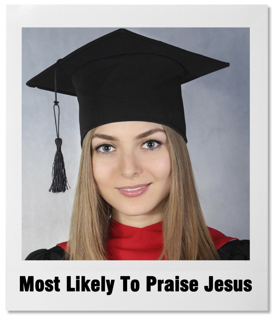 yearbook photo of graduate with text "Most Likely To Praise Jesus"