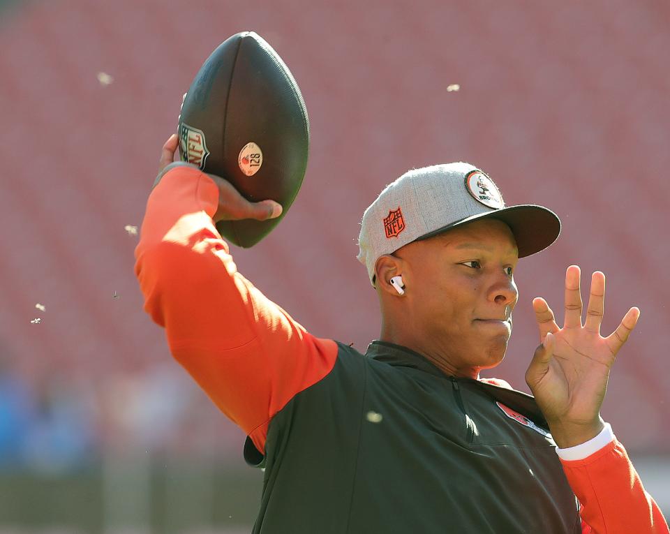 Cleveland Browns quarterback Josh Dobbs throws a warmup pass before the game against the Los Angeles Chargers on Sunday, Oct. 9, 2022 in Cleveland, Ohio, at FirstEnergy Stadium.