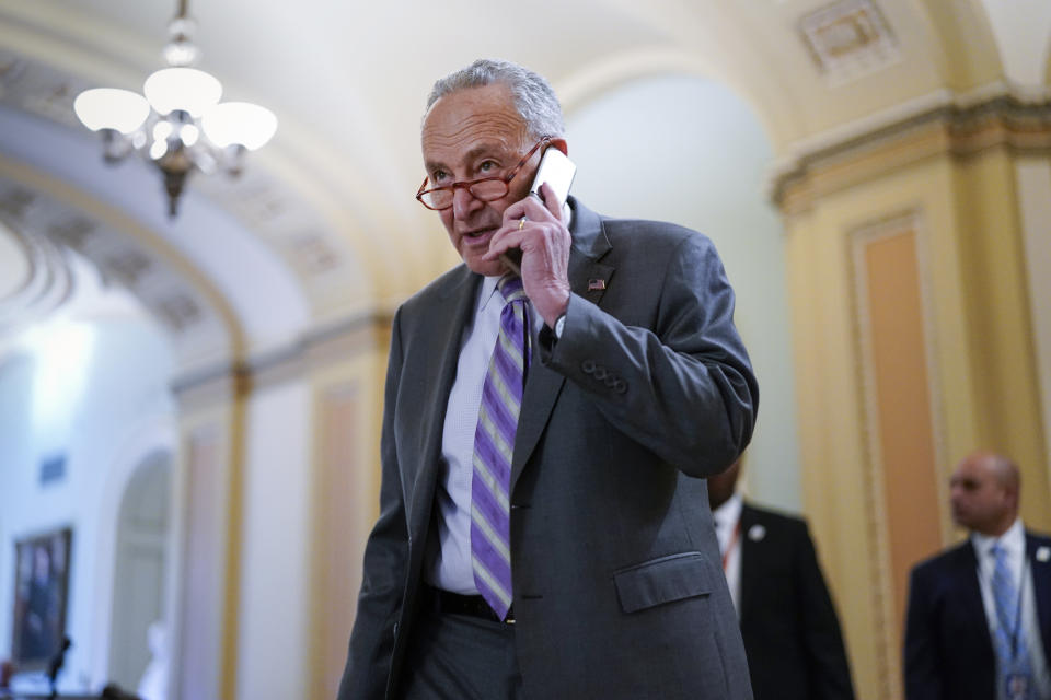 Senate Majority Leader Chuck Schumer, D-N.Y., arrives for a weekly policy luncheon, at the Capitol in Washington, Tuesday, March 8, 2022. (AP Photo/J. Scott Applewhite)