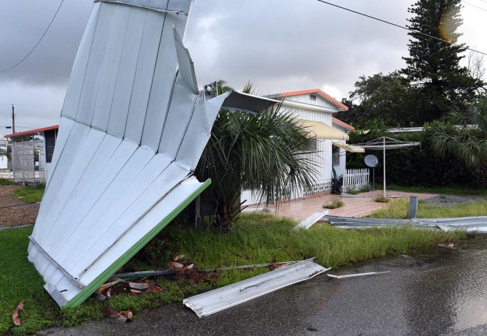 A mobile home suffered roof damage in the 6600 block of Cortez Road in Bradenton Monday morning in the aftermath of Hurricane Irma.