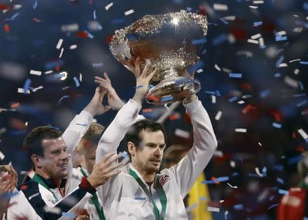 Tennis - Belgium v Great Britain - Davis Cup Final - Flanders Expo, Ghent, Belgium - 29/11/15. Men's Singles - Great Britain's Andy Murray celebrates with the trophy after winning the Davis Cup. Reuters / Francois Lenoir