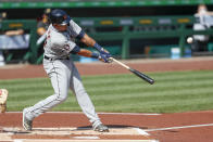 Detroit Tigers' Miguel Cabrera hits a two run home run in the first inning of a baseball game against the Pittsburgh Pirates, Saturday, Aug. 8, 2020, in Pittsburgh. (AP Photo/Keith Srakocic)