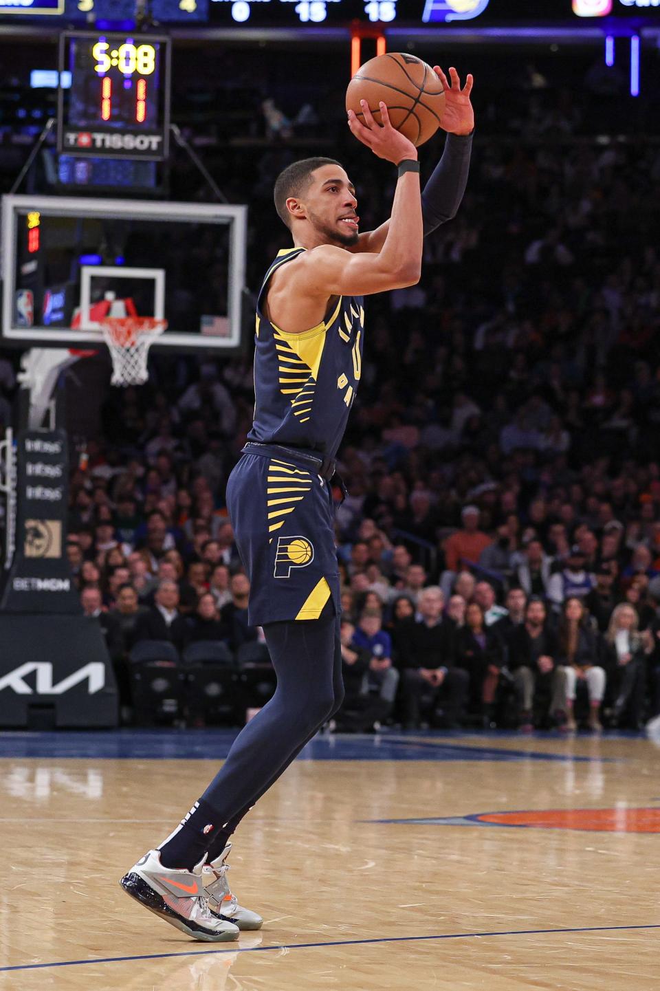 Jan 11, 2023; New York, New York, USA; Indiana Pacers guard Tyrese Haliburton (0) shoots the ball during the second quarter against the New York Knicks at Madison Square Garden.