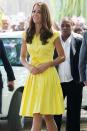 <p><em>September 17, 2012 —</em> The Duchess wore another yellow dress — this one is by the brand <a href="http://www.jaeger.co.uk/home" rel="nofollow noopener" target="_blank" data-ylk="slk:Jaeger;elm:context_link;itc:0;sec:content-canvas" class="link ">Jaeger</a> — for a visit to a village in the Solomon Islands.</p>