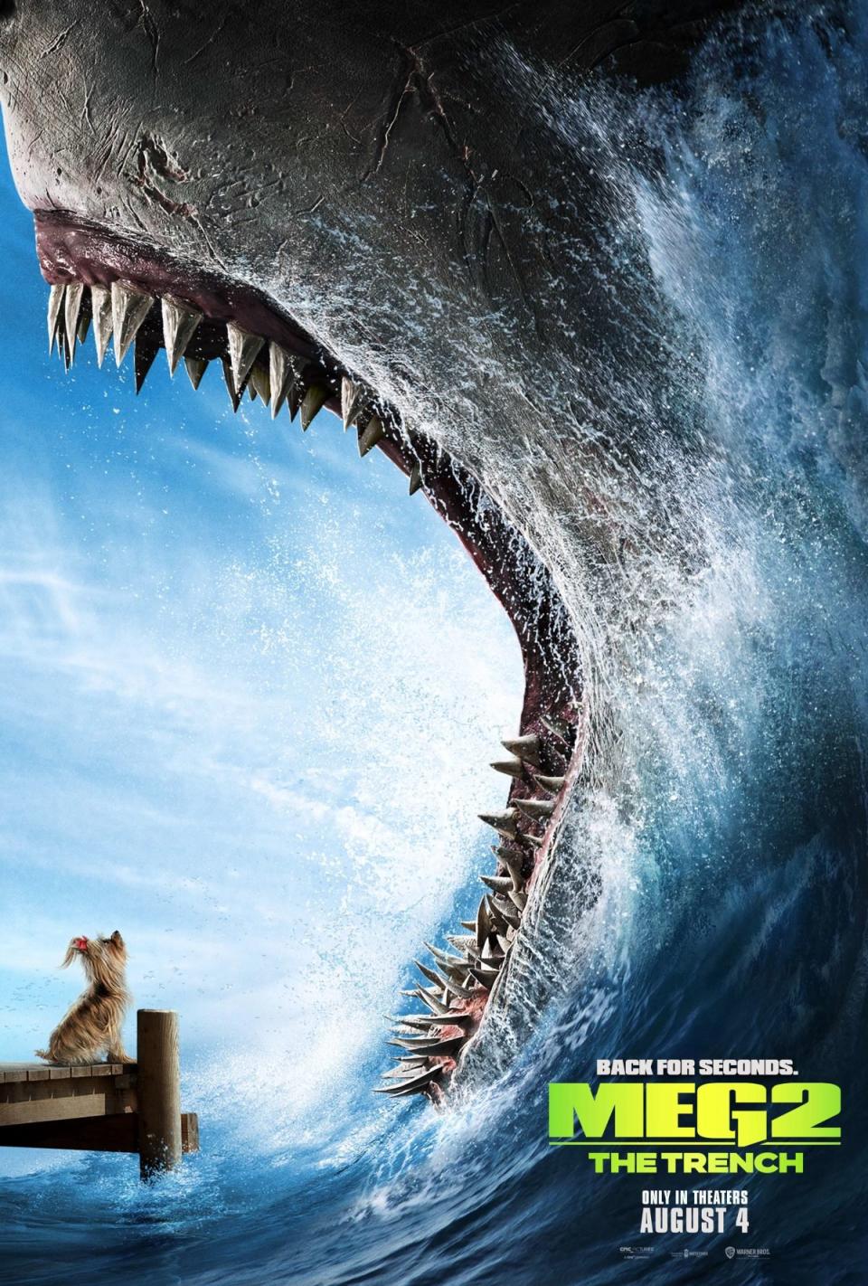 The Meg opens its massive jaws to eat a small dog on a dock in the poster for Meg 2: The Trench