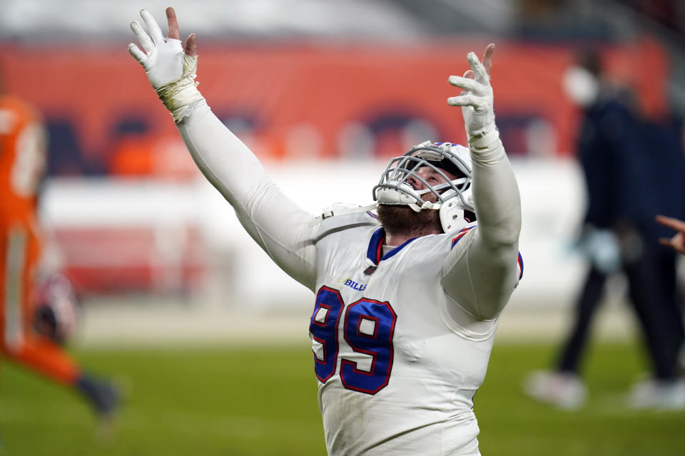 Buffalo Bills defensive tackle Harrison Phillips reacts after the Bills defeated the Denver Broncos in an NFL football game Saturday, Dec. 19, 2020, in Denver. (AP Photo/David Zalubowski)