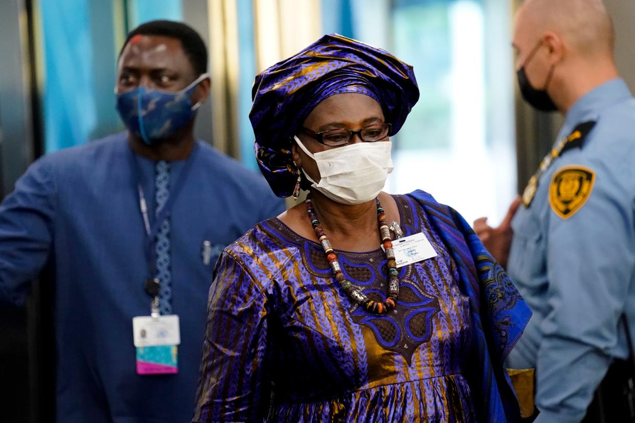 Isatou Touray, Vice President of Gambia, arrives at United Nations headquarters, Tuesday, Sept. 21, 2021, during the 76th Session of the U.N. General Assembly in New York.