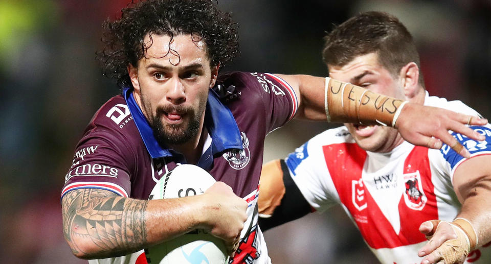 Seen here, Josh Aloiai in action for Manly in the NRL in 2023. 
