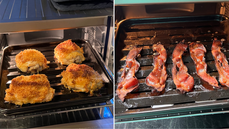 Bacon was done in 12 minutes, and air-fried chicken took about half an hour, including preheating time.