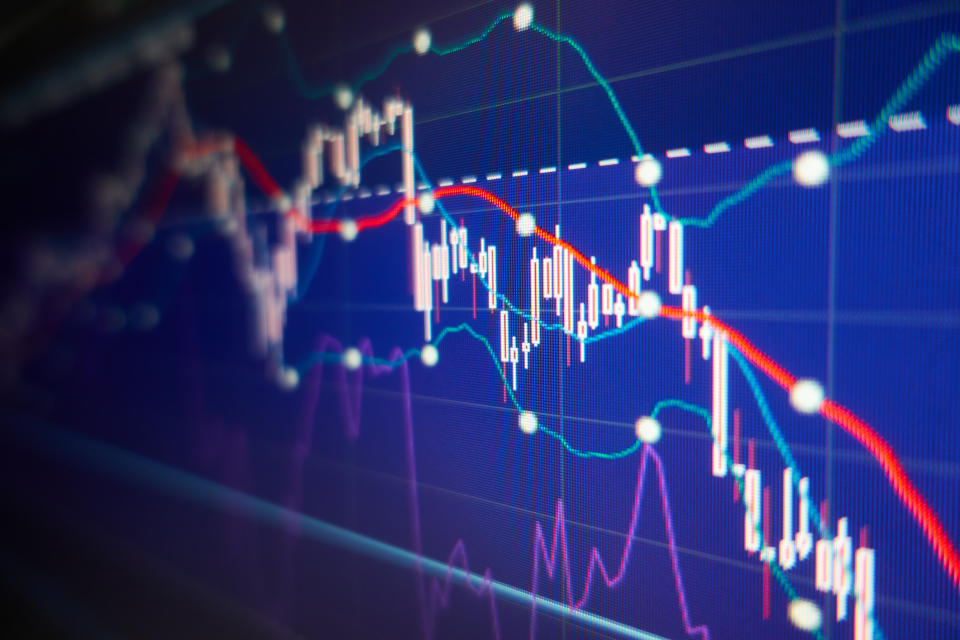 Stock market charts on a colrful display indicating losses