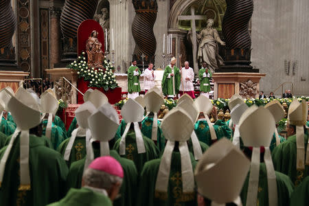 Pope Francis celebrates a closing mass at the end of the Synod of Bishops at the Vatican October 28, 2018. REUTERS/Tony Gentile