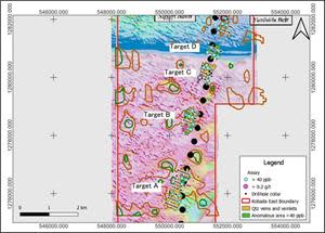 Figure 2: Auger Drilling Results over the Southern Portion of the Kobada Est Shear (Target A to D)