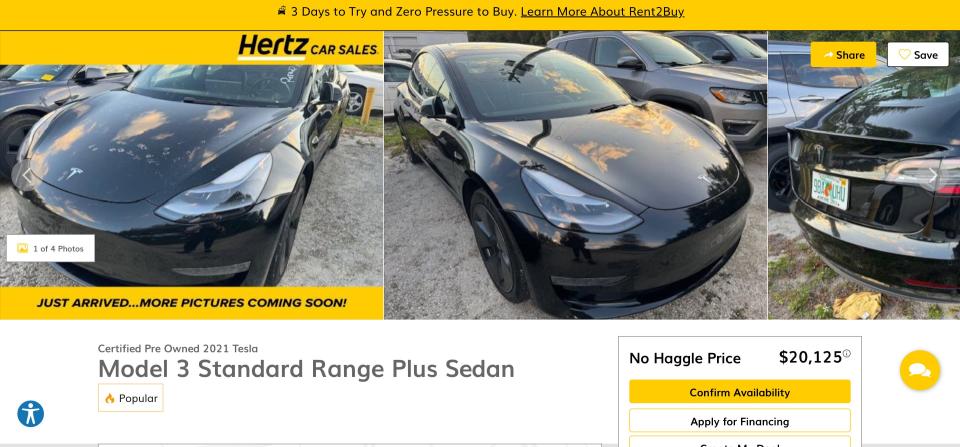 Screen shot of a used Tesla Model 3 listed on Hertz