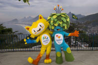 The unnamed mascots of the Rio 2016 Olympic and Paralympic Games are pictured with the Copacabana beach in the background during their first appearance in Rio de Janeiro, November 23, 2014, in this handout courtesy of the Brazil Olympic Committee (COB) REUTERS/Alex Ferro/COB/Handout via Reuters
