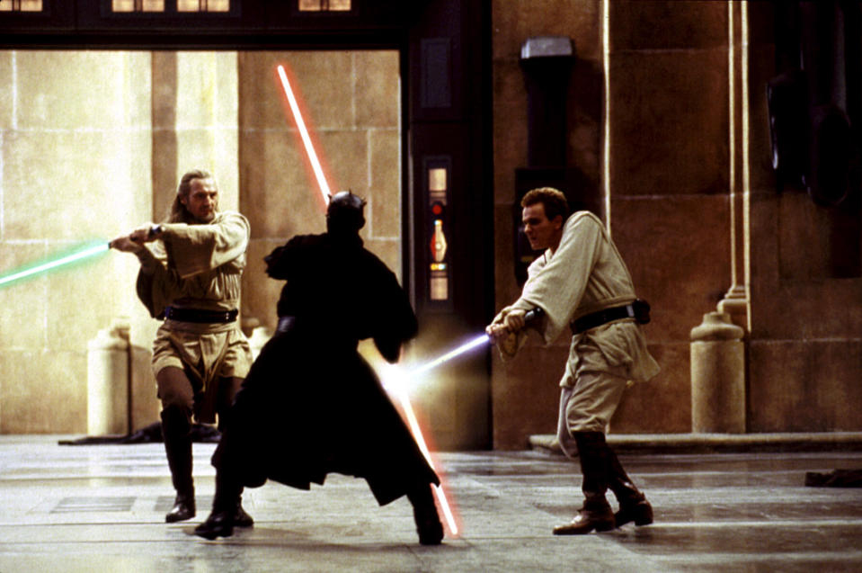 Darth Maul battles Jedi knights Qui-Gon and Obi-Wan in 'The Phantom Menace' (Photo: Lucasfilm Ltd./courtesy Everett / Everett Collection)