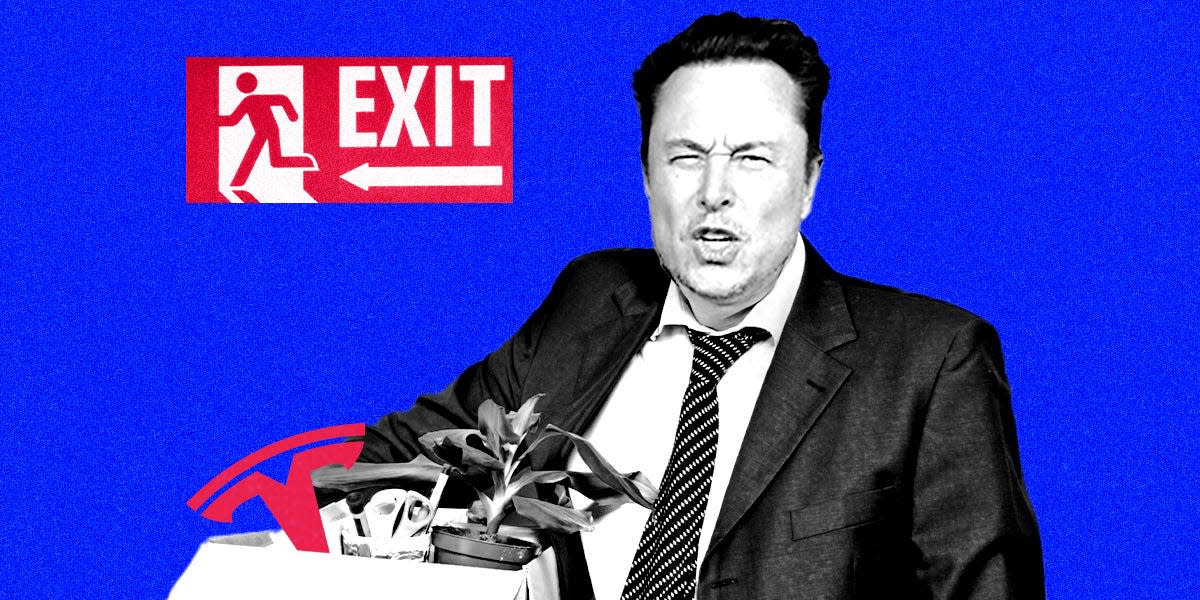 Photo collage of Elon Musk, CEO of Tesla, holding a box of office items in front of an Exit sign