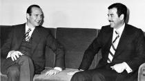 FILE - In this Dec.30, 1974 file photo, then French Prime Minister Jacques Chirac, left, and Saddam Hussein of Iraq talk prior to a state dinner in Baghdad. Former French President Jacques Chirac has died at 86. (AP Photo/file)