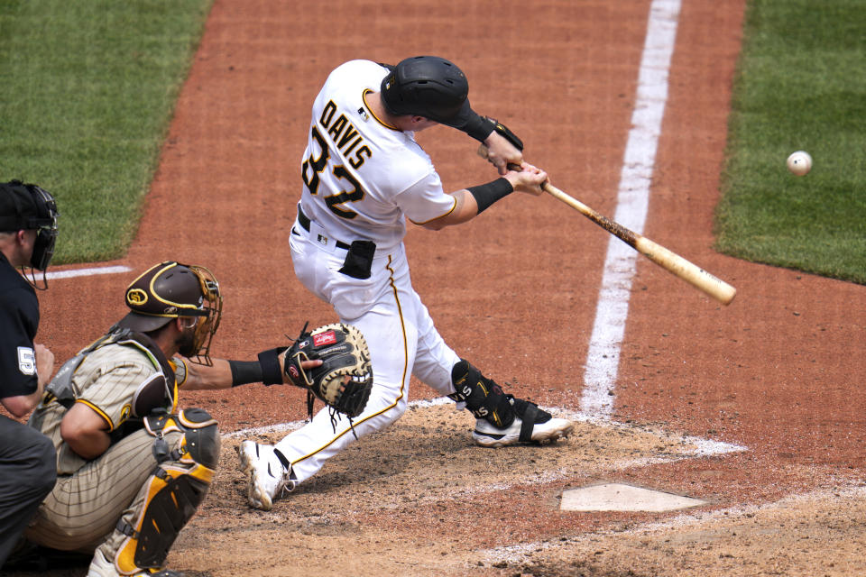 Pittsburgh Pirates' Henry Davis (32) singles off San Diego Padres relief pitcher Luis Garcia, driving in a run, during the seventh inning of a baseball game in Pittsburgh, Thursday, June 29, 2023. (AP Photo/Gene J. Puskar)