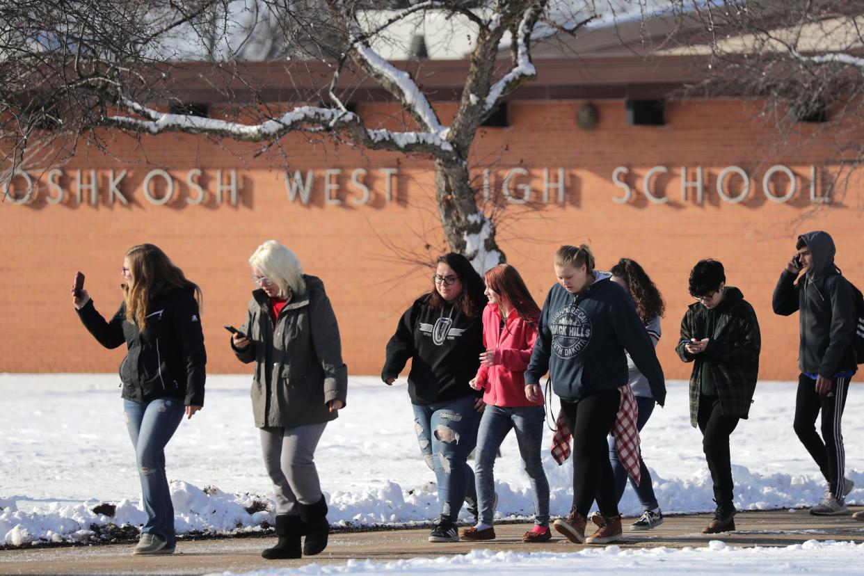 Students here shown leaving Oshkosh West High School in Dec. 2019. National and local incidents of emergency situations at schools are making school safety a top priority for the Oshkosh Area School District, who are working with groups across the region to ensure the safety of its students.