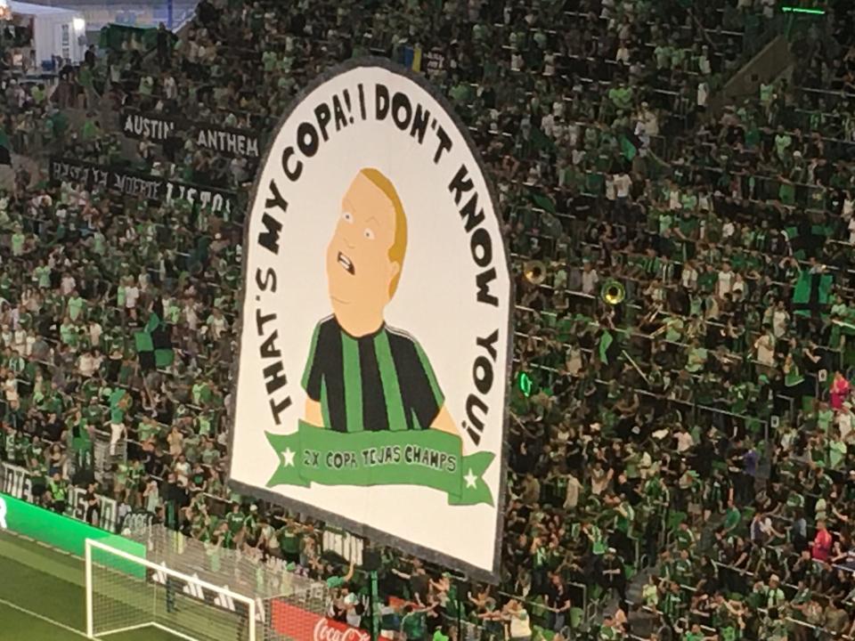 Austin FC fans unveiled a "King of the Hill" tifo prior to the team's match vs. FC Dallas on March 30, 2024 at Q2 Stadium.