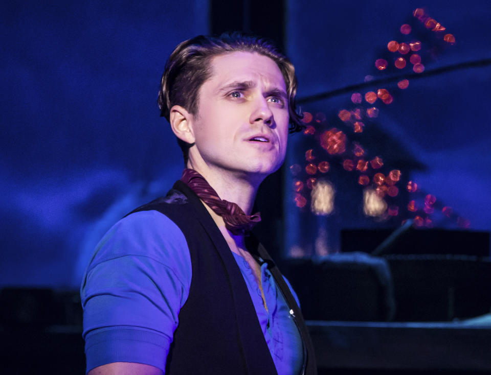 This image released by Boneau/Bryan-Brown shows Aaron Tveit in "Moulin Rouge! The Musical." (Matthew Murphy/Boneau/Bryan-Brown via AP)