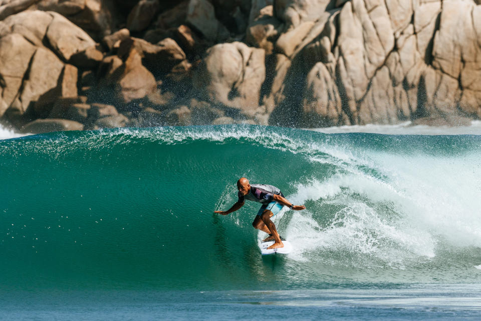 Eleven-time WSL Champion Kelly Slater surfing in Heat 14 of the Round of 32 of the Corona Open Mexico.