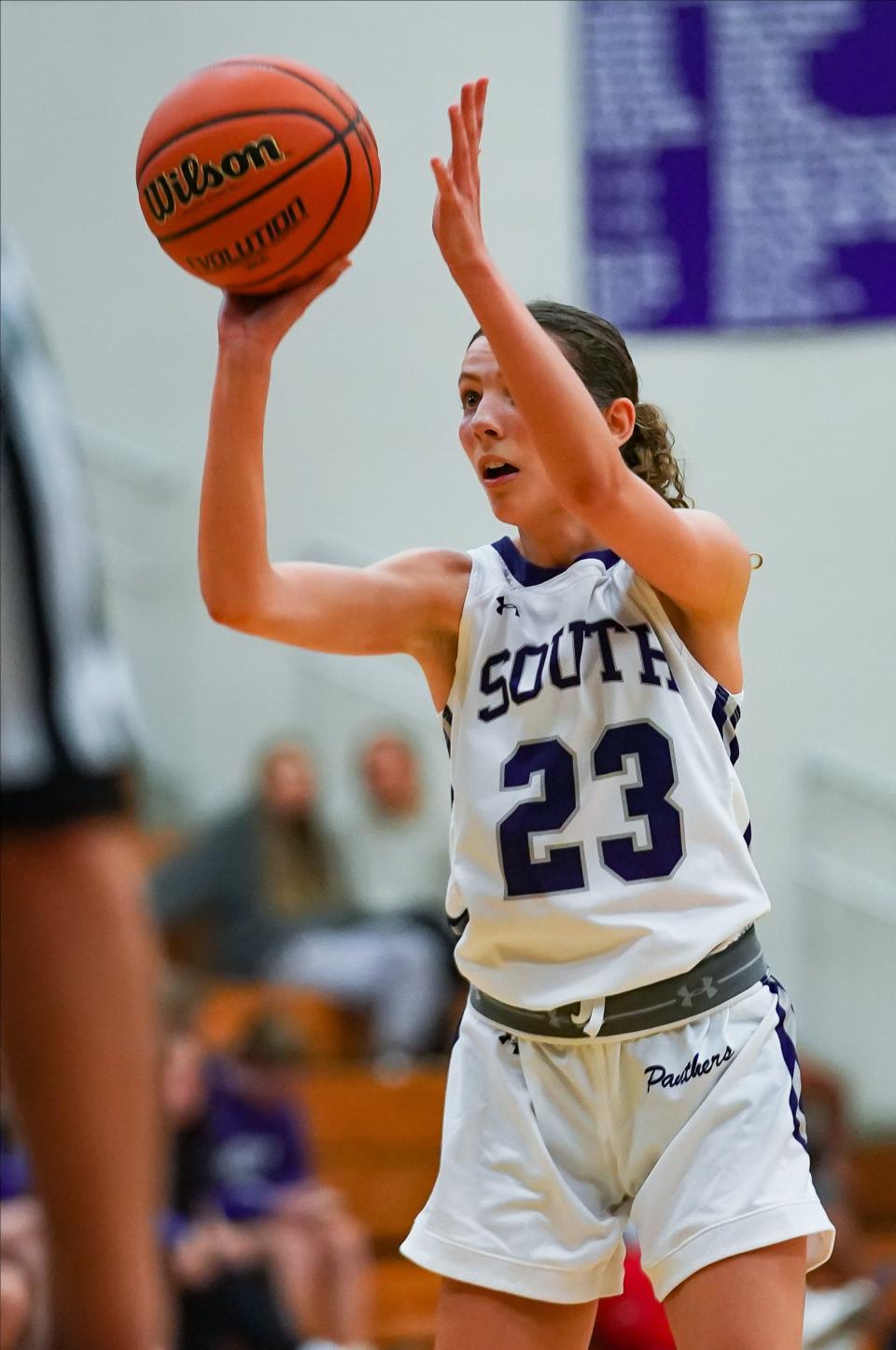 Bloomington South’s Audrey Craft (23) makes a free throw during the game against Edgewood at Bloomington South on Tuesday, Nov. 7, 2023.