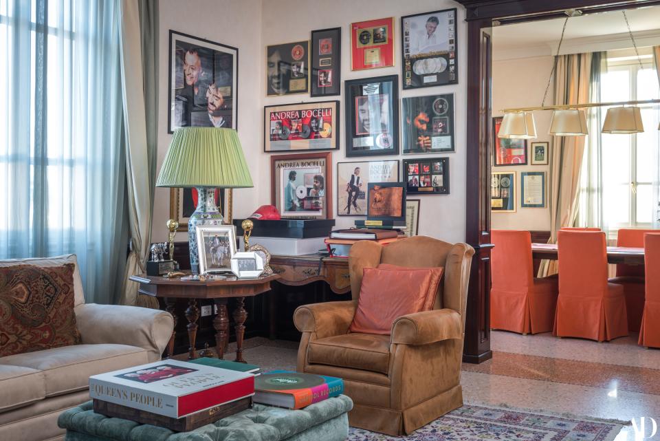 Many of Bocelli’s award-winning records hang on the wall in one of the family’s cozy living areas.