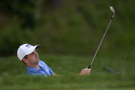 Denny McCarthy hits out of a bunker on the ninth green during the second round of the John Deere Classic golf tournament, Friday, July 1, 2022, at TPC Deere Run in Silvis, Ill. (AP Photo/Charlie Neibergall)