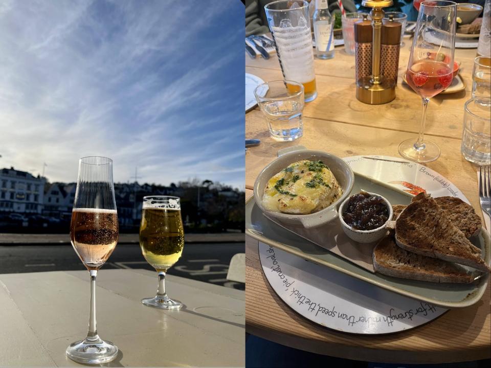Sparkling wine from nearby Lyme Bay Winery at The Embankment, and a baked camembert starter at Bayard's Cove Inn.