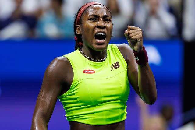 <p>Frey/TPN/Getty </p> Coco Gauff celebrates her victory over Karolina Muchova in the semi-final of the 2023 US Open