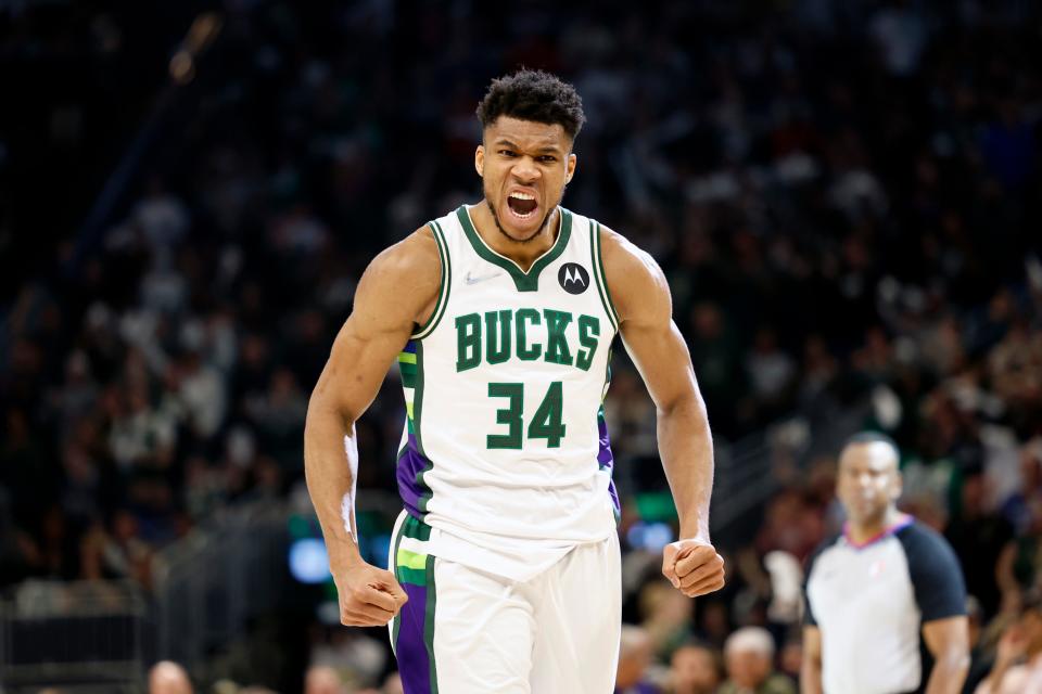 Giannis Antetokounmpo gets fired up after a big second-half bucket.