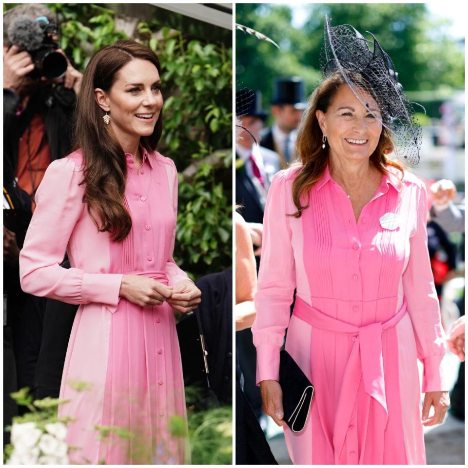 The Princess of Wales wearing a pink Me+Em dress at the Chelsea Flower show in May 2023 and Carole Middleton wearing the same dress at Royal Ascot in June 2022