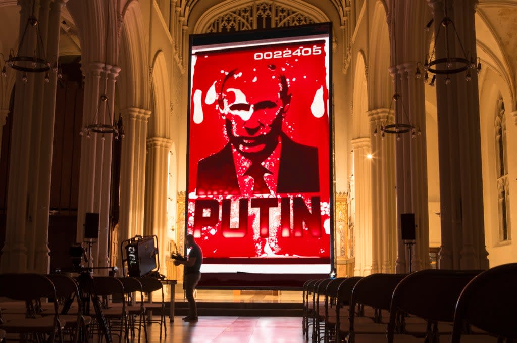 Molodkin’s sculpture is projected on to a church wall in central London  (Courtesy The Foundry)